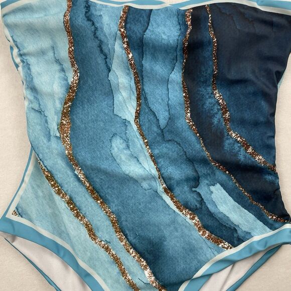 Women’s Aqua Print One Piece Bathing Suits one-M - Picture 3 of 9